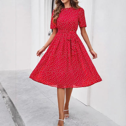 Damen Midikleid mit Punktedesign und Taillengürtel