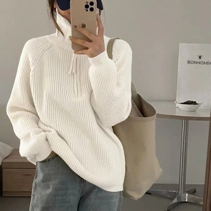 Damen Grobstrickpullover Reißverschluss Hoher Kragen Eveloria - Eveloria