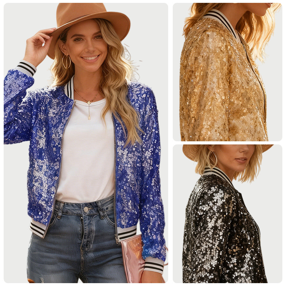 Damen Glitzernde Pailletten-Bomberjacke Kontraststreifen - Eveloria
