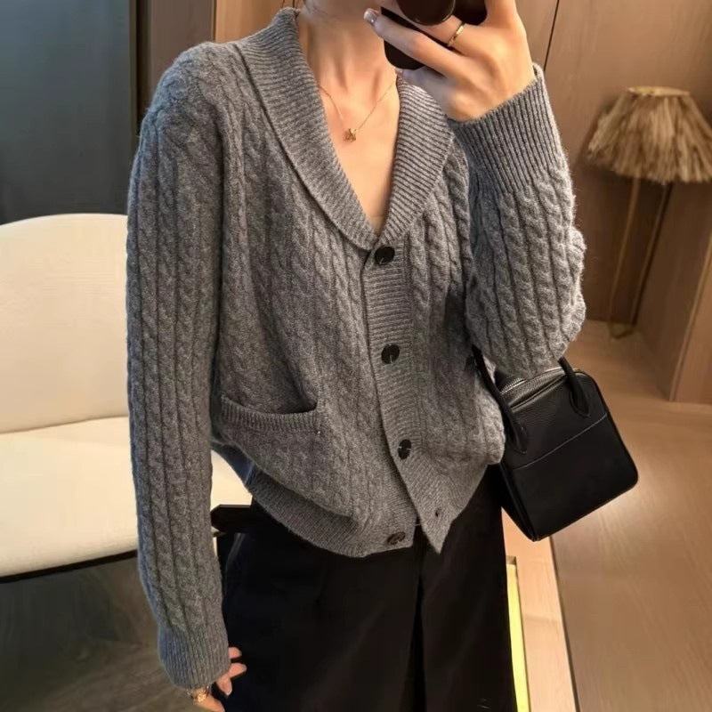 Damen Strickjacke Doppelkragen Praktische Taschen Eveloria