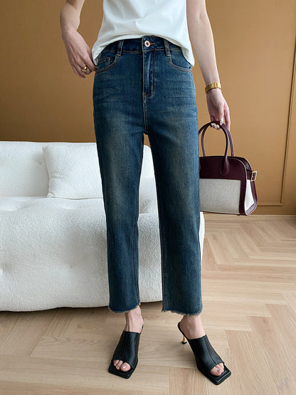 Damen High-Waist Jeans Fransige Säume Eveloria