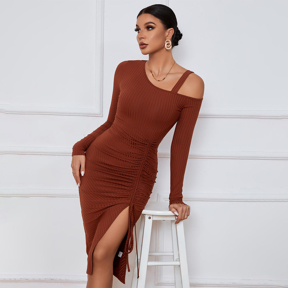 Damen Rippkleid One-Shoulder Ausschnitt Raffung Schwarz - Eveloria