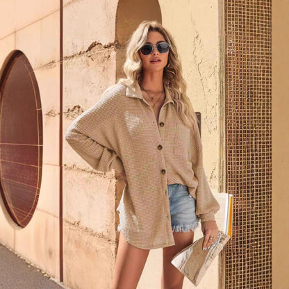 Damen Oversized-Hemdjacke Waffelmuster Eveloria