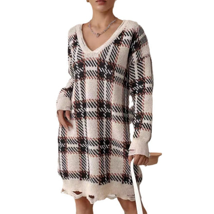 Damen Oversized Pullover V-Ausschnitt Kariert Eveloria