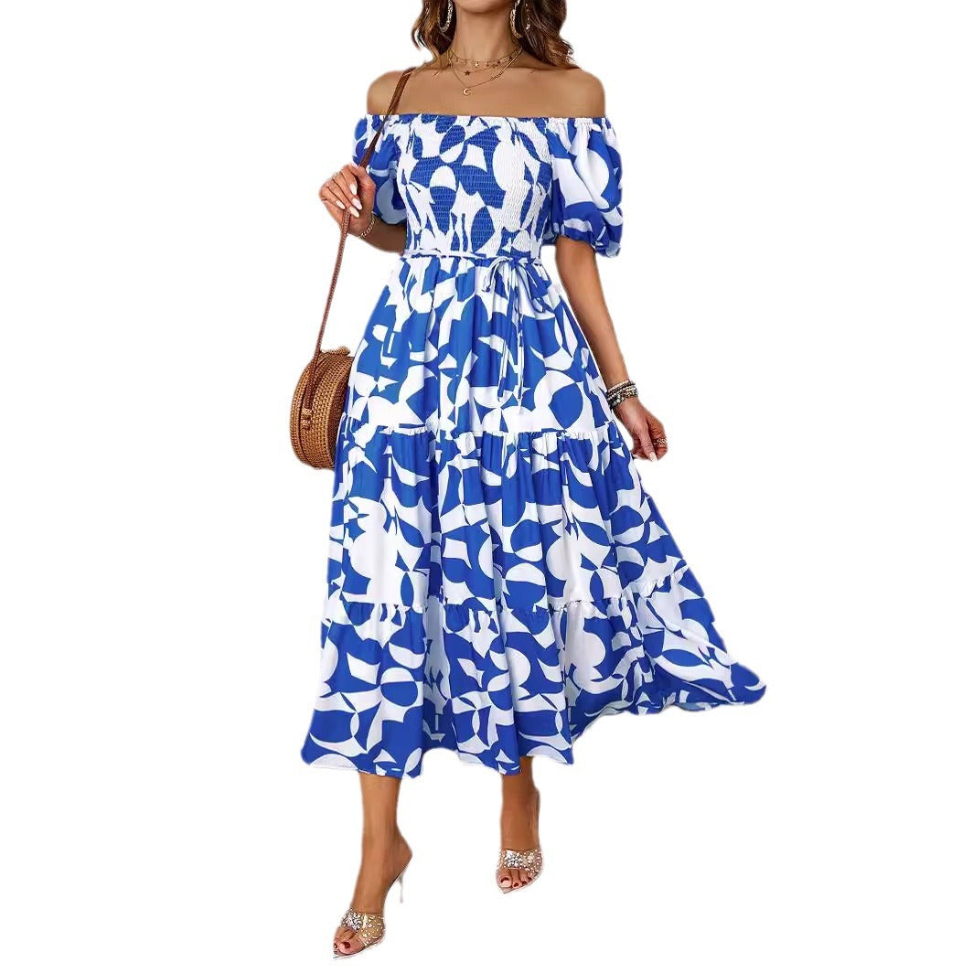 Damen Maxikleid Off-Shoulder Voluminöse Ärmel Floral-Print