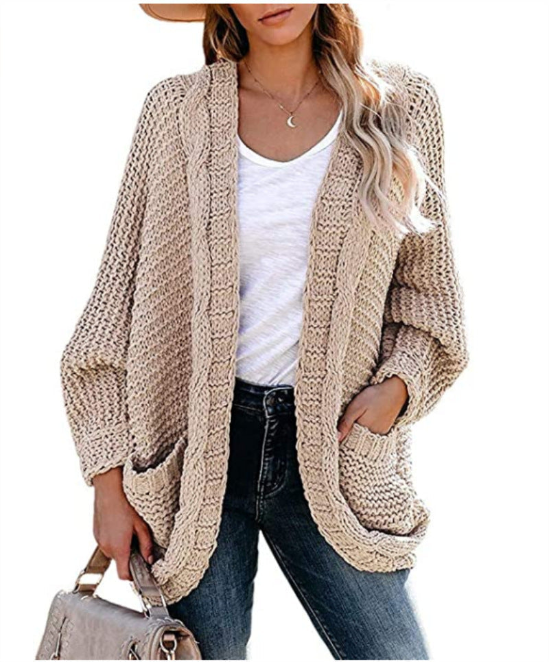 Damen Grobstrick-Cardigan Lässig Voluminöse Ärmel Beige