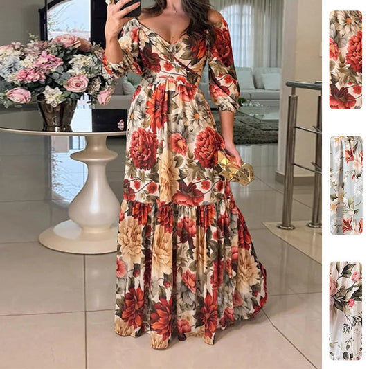 Damen Maxikleid Schulterfrei Rüschensaum Floral Schwarz - Eveloria