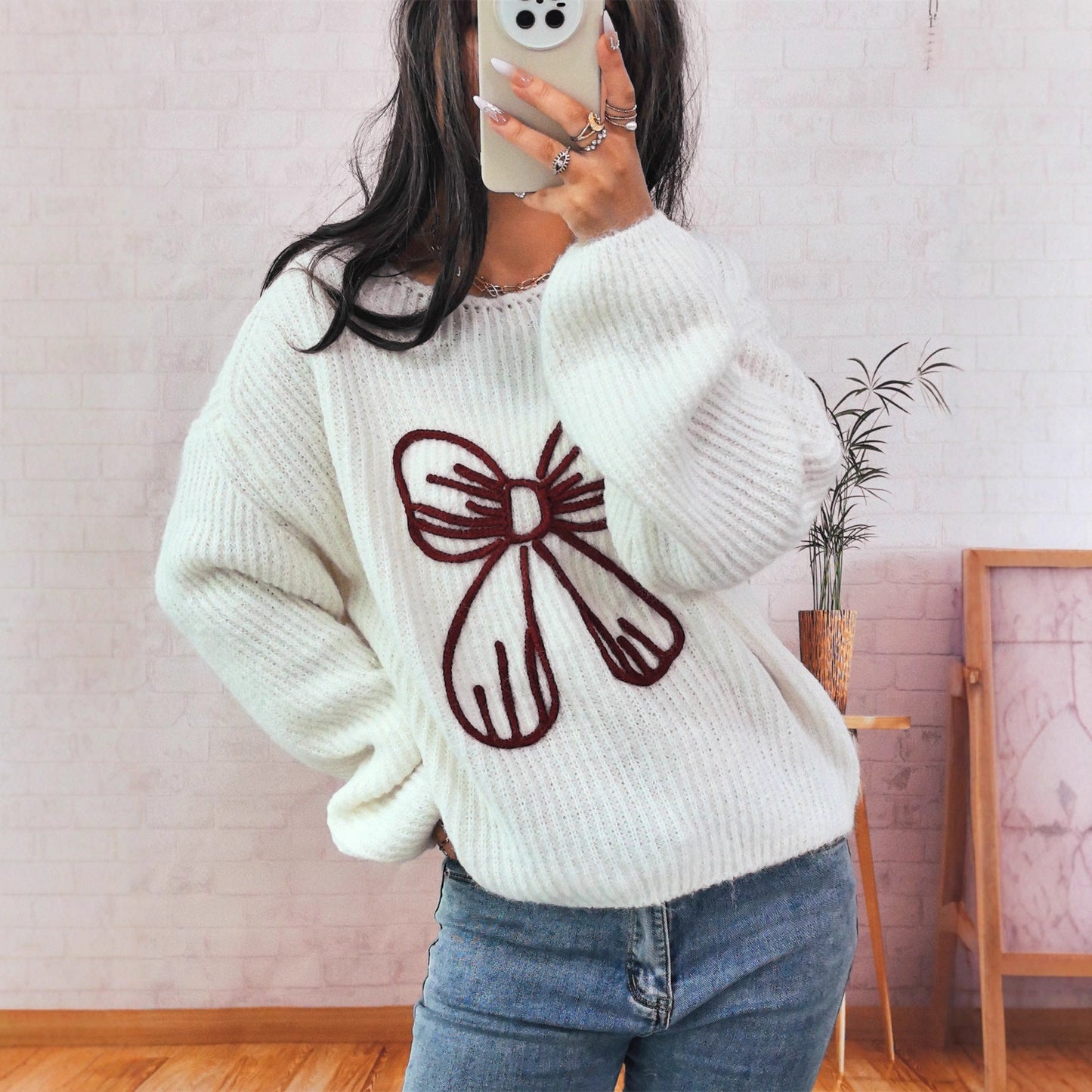 Damen Pullover Lässig Schleifendesign Eveloria