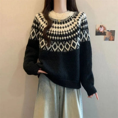 Damen Strickpullover Nordisches Muster Weich Grau