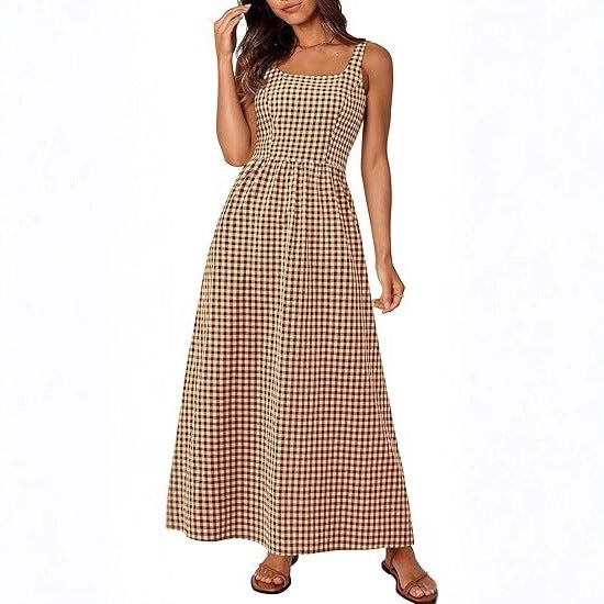 Damen Maxikleid Karomuster Elastisch