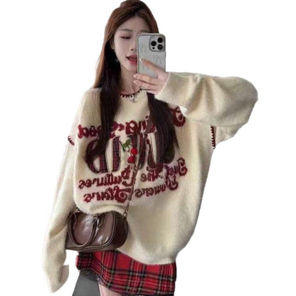 Damen Pullover Lässig Verspielter Schriftzug Beige