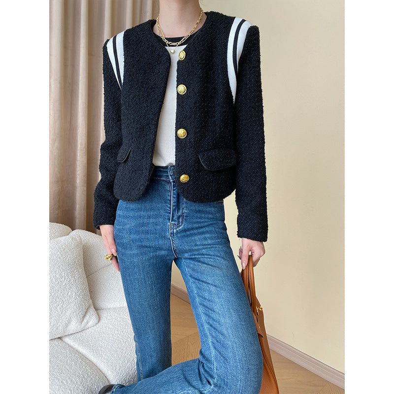 Damen Bouclé-Jacke mit goldenen Knöpfen und Streifen - Eveloria