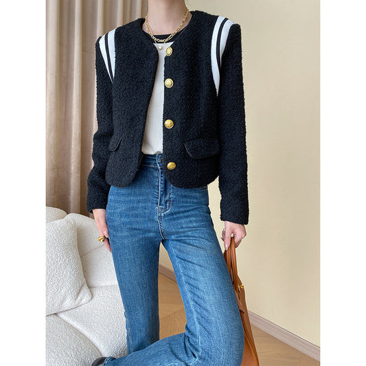 Damen Bouclé-Jacke mit goldenen Knöpfen und Streifen - Eveloria