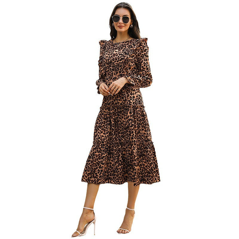Damen Tiermuster Shirtkleid Voluminöse Ärmel Asymmetrisch