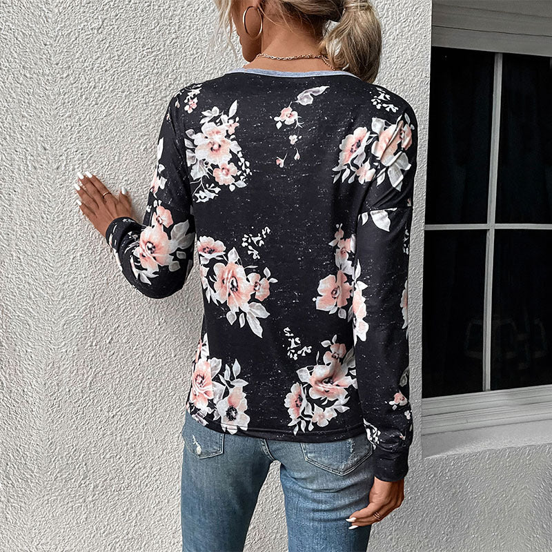 Damen Sweatshirt Floralmuster V-Ausschnitt Rüschen Elegant