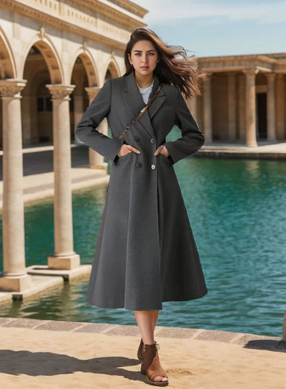 Damen Mantel A-Linie Wollmix Doppelreihe Lang Jacinthe - Eveloria