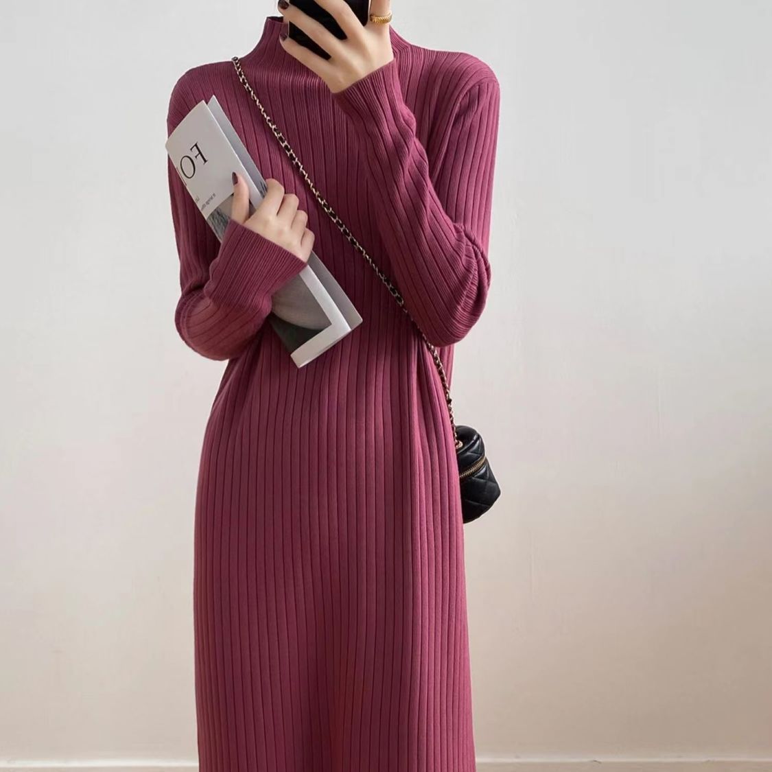 Damen Langarm Strickkleid Rippdesign Flauschig Anthrazit