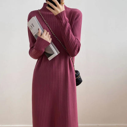 Damen Langarm Strickkleid Rippdesign Flauschig Anthrazit
