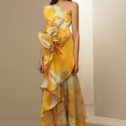Damen Abendkleid Asymmetrisch Rüschen Schwarz Eveloria - Eveloria