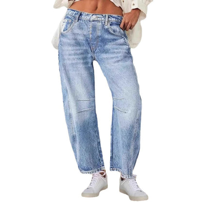 Damen Jeans Weit Vintage Ausgefranster Saum Blau Eveloria