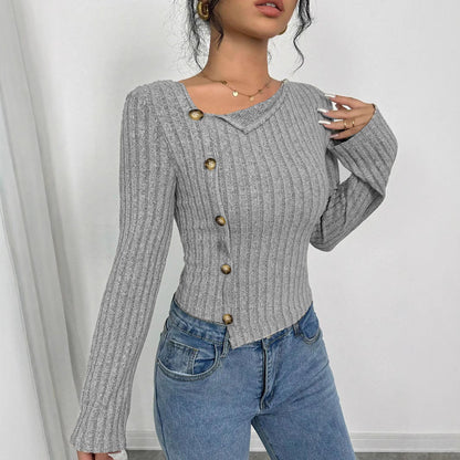Damen Pullover Asymmetrischer Ausschnitt Knöpfe Beige