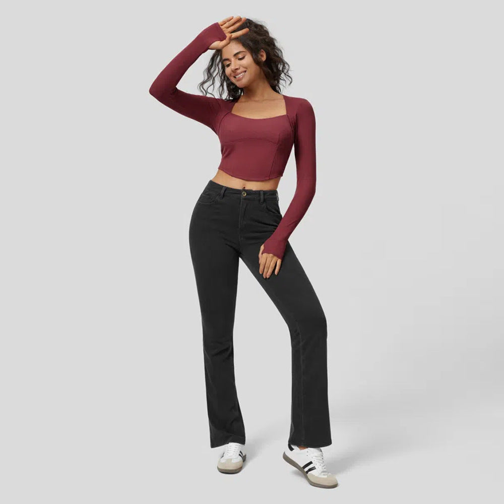 Damen Langarm Crop Rippmaterial Quadrat-Ausschnitt Eveloria