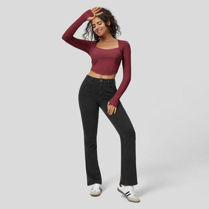 Damen Langarm Crop Rippmaterial Quadrat-Ausschnitt Eveloria