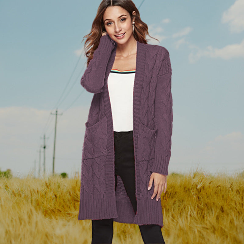 Damen Cardigan Grobstrick Zopfmuster Beige mit Taschen