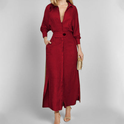 Damen Maxikleid V-Ausschnitt Gürtel Elegantes Eveloria