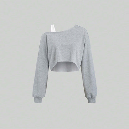 Damen Cropped Sweatshirt Asymmetrisch Voluminöse Ärmel Grau Eveloria