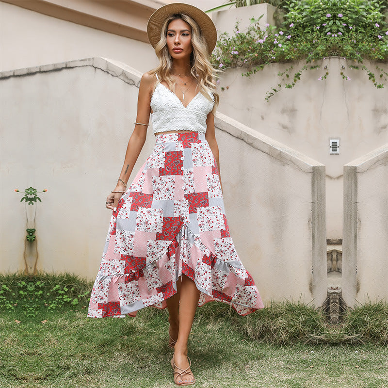 Damen Maxi-Rock Patchwork-Design Knopfdetails Dunkelblau