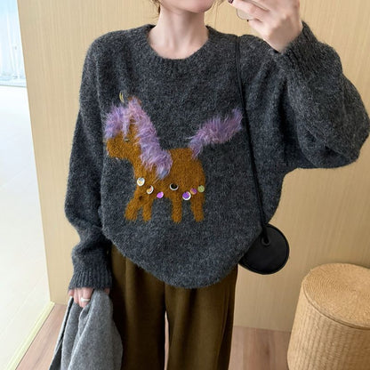 Damen Kuschelpullover Tierapplikation Weich Eveloria