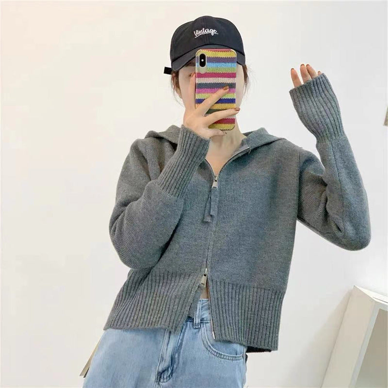 Damen Strickjacke Kapuze Reißverschluss Eveloria