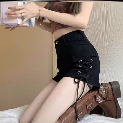 Damen High-Waist Shorts mit Schnürung und Taschen