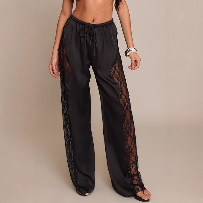 Damen Satin-Hosen Spitzenakzente Schwarz Eveloria - Eveloria
