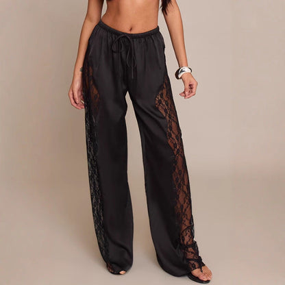 Damen Satin-Hosen Spitzenakzente Schwarz Eveloria - Eveloria