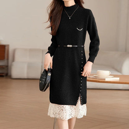 Damen Strickkleid Elegantes Spitzendesign Taillierbar