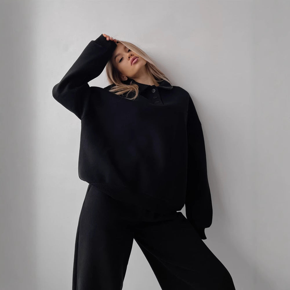 Damen Lounge-Set Polokragen Weites Oberteil und Hose Eveloria
