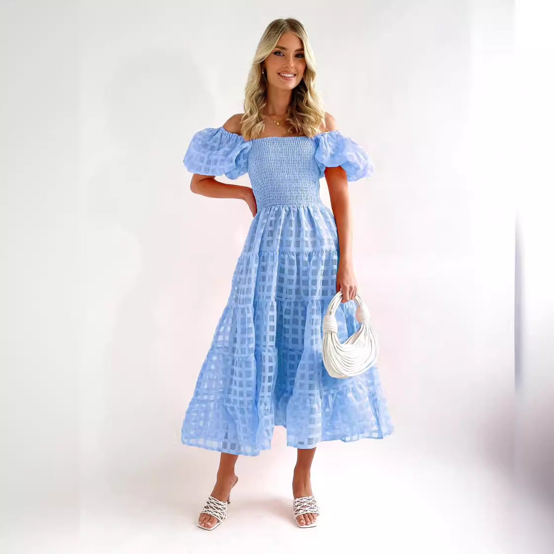 Damen Maxi-Kleid Puffärmel Elastisch Eveloria