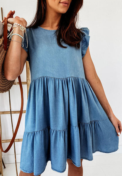 Damen Baumwollkleid A-Linie Voluminöse Rüschen Weiß