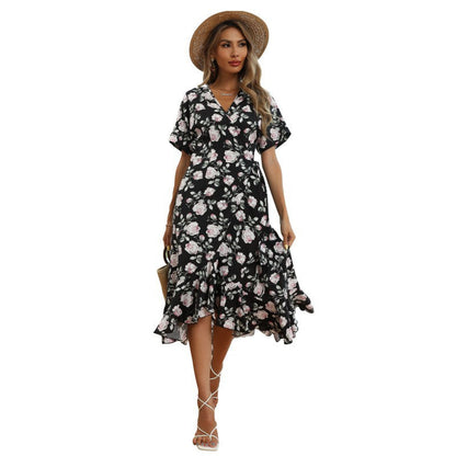 Damen Wickelkleid Florale Rüschen Eleganter Saum Eveloria