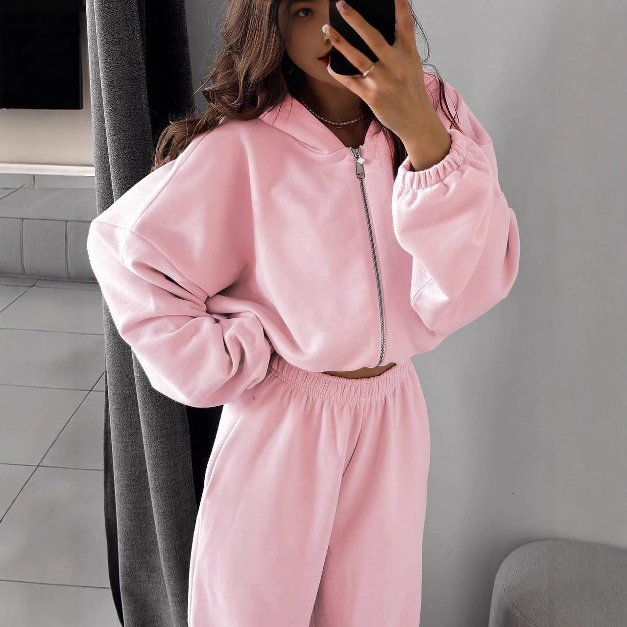 Damen Hoodie Fleece Cropped mit Reißverschluss