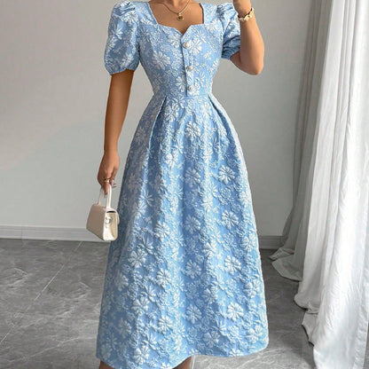 Damen Maxikleid Florale Applikationen Puffärmel Eveloria