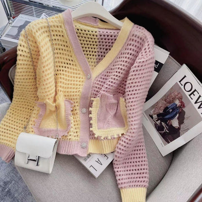 Damen Strickcardigan Luftig Netzstruktur Beige mit Taschen