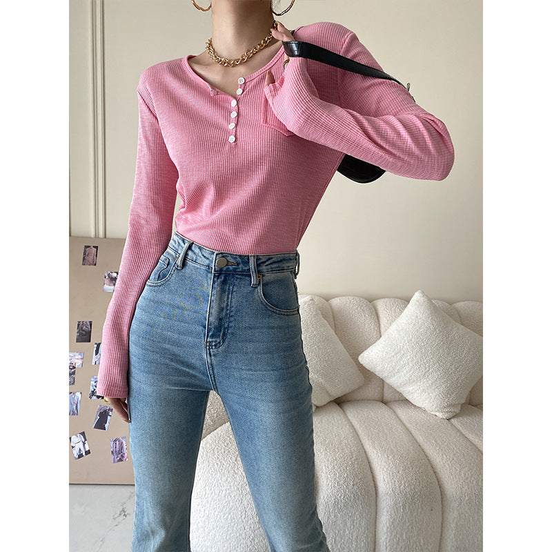 Damen Langärmeliges Henley-Shirt mit Knöpfen Blau