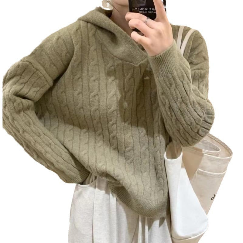 Damen Grobstrickpullover Kapuze Rippdetails Grau Eveloria