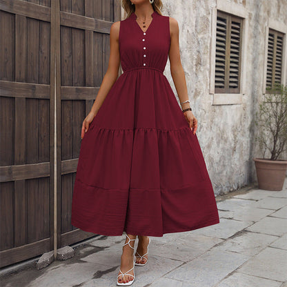 Damen Maxikleid V-Ausschnitt Knöpfe Eveloria