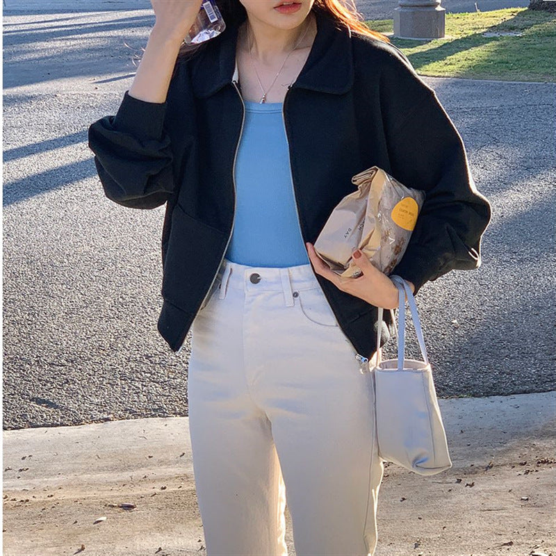 Damen Sweatjacke Reißverschluss Weite Ärmel Schwarz Eveloria - Eveloria