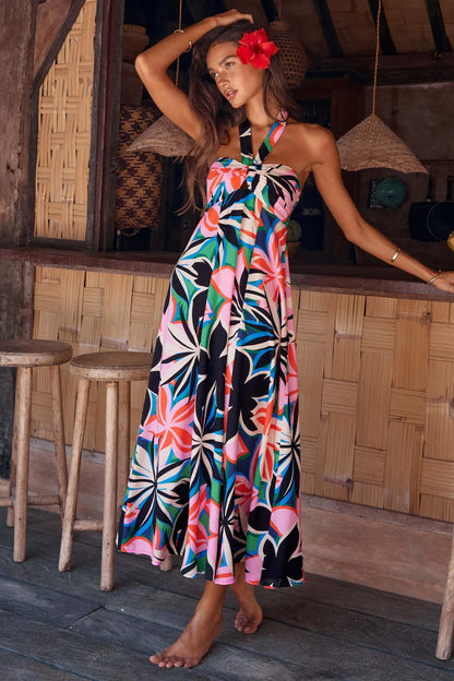 Damen Maxikleid Trägerlos Rundum Stretch Floralmuster