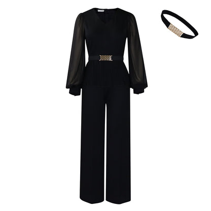 Damen Plissee-Jumpsuit Tailliert Langer Ärmel Eveloria